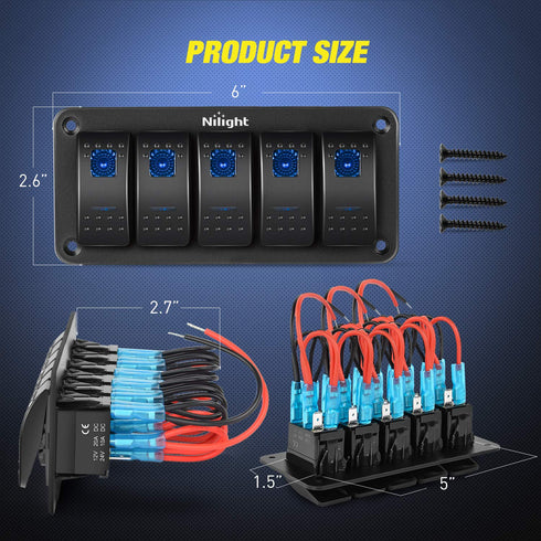 Nilight - 90110E 5 Gang Aluminum Rocker Switch Panel Toggle Dash 5 Pin ON/Off Pre-Wired Rocker Switch Blue Backlit Switch for Automotive Car Marin...