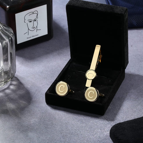 Helicopchain Initial Cufflinks and Tie Clips Set for Men Personalized Shirt Gold Cuff Links and Tie Bar Alphabet Letter A-Z with Gift Box for Wedd...