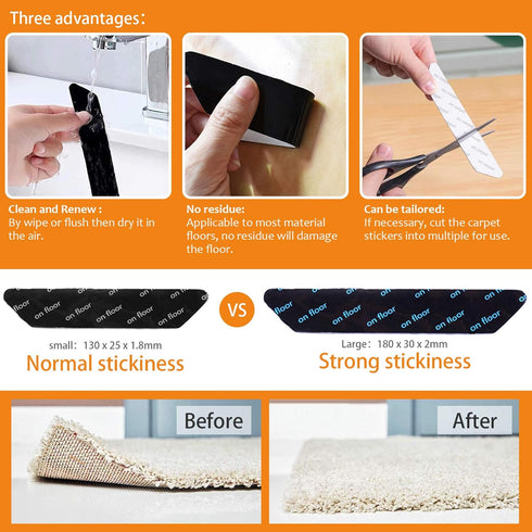 8 pcs Rug Tape, Non Slip Reusable Washable Rug Grippers for Area Rugs, Floor Mats, Hardwood Floors, Tile Floors, Linoleum, Carpets, Black (not App...