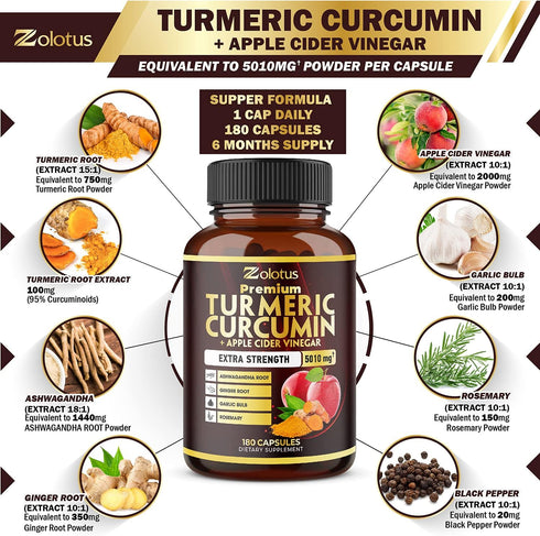 7 in 1 Premium Turmeric Curcumin + Apple Cinder Vinegar Capsules, Equivalent to 5010mg, 6 Month Supply with Ashwagandha, Ginger, Garlic Bulb, 95% ...