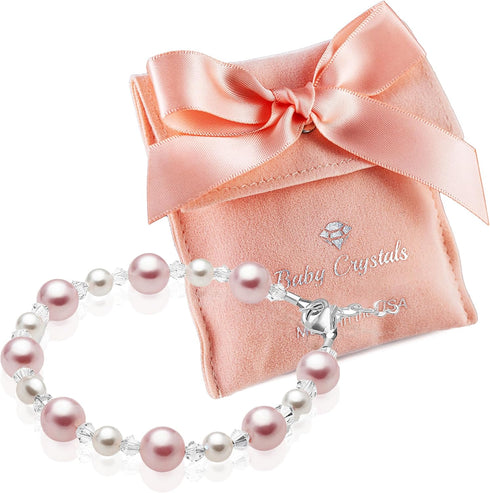 Pretty Sterling Silver Bracelets for Girls with Pink and White Simulated Pearls, European Crystals, Girls Jewelry, Pearl Bracelet for Girl, Birthd...