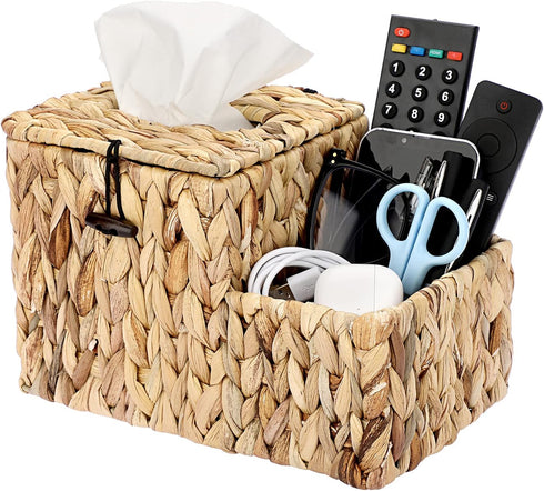 Sumnacon Square Woven Tissue Box Cover - Decorative Cube Wicker Tissue Box Holder with Side Organizer, Rustic Water Hyacinth Tissue Holder for Liv...