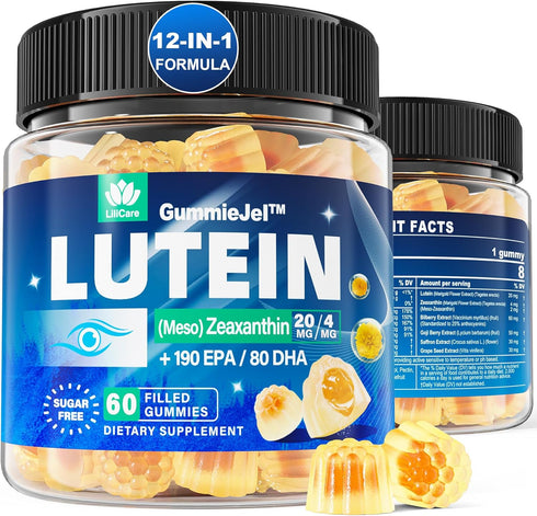 Sugar Free Lutein 20mg & Zeaxanthin Eye Supplement Plus EPA 190mg & DHA 80mg, Eye Vitamins Filled Gummies with Selenium & Zinc, Bilberry, Goji Ber...