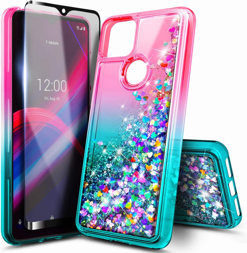 NZND Case for T-Mobile REVVL 4+ Plus with Tempered Glass Screen Protector (Full Coverage), Glitter Liquid Floating Waterfall Girls Cute Phone Case...