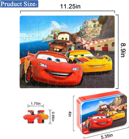 LELEMON Cars 100 Pieces Jigsaw Puzzles for Kids Ages 4-8 Lightning Puzzles in Metal Box, Children Learning Educational Puzzles for Boys and Girls...