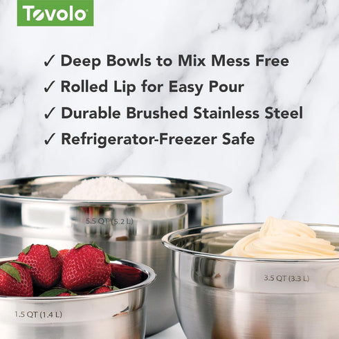 Tovolo Stainless Steel Mixing Bowls, 5.5 Qt - Metal Nesting Mixing Bowl with Rounded Lip for Easy Pour & Minimal Mess - Large & Small Dishwasher S...