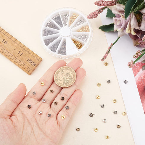 FINGERINSPIRE 240Pcs 4 Colors Mini Metal Buttons 4mm Heart & Star & Round Alloy Buttons Mini Tiny Buttons with Separate Compartment Box Small 2 Ho...