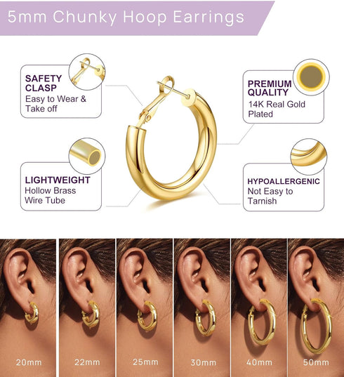 wowshow Gold Hoop Earrings for Women Chunky Hoops 14K Gold Plated Thick Hollow Tube Lightweight Earrings for Mother's Day Birthday Gifts 20/25/30/...