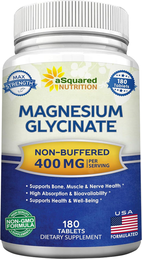 aSquared Nutrition Magnesium Glycinate 400mg - 180 Tablets - Max Strength Magnesium Bisglycinate Supplement -Maximum Bioavailability & Absorption-...