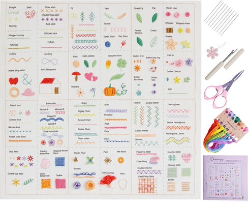 Bonroy Beginners Stitch Practice Kit, 82 Different Stitches, Stitch Sampler Kit for Craft Lover,Printed embroidery design patterns, Full Range Acc...