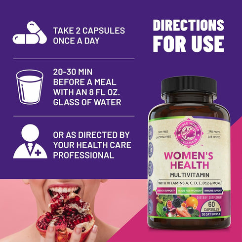 Womens Daily Multivitamin Multimineral Supplement for Energy, Mood, Focus, Hair, Skin & Nails. Made for Women with 30+ Nutrients, Fruit & Energy B...