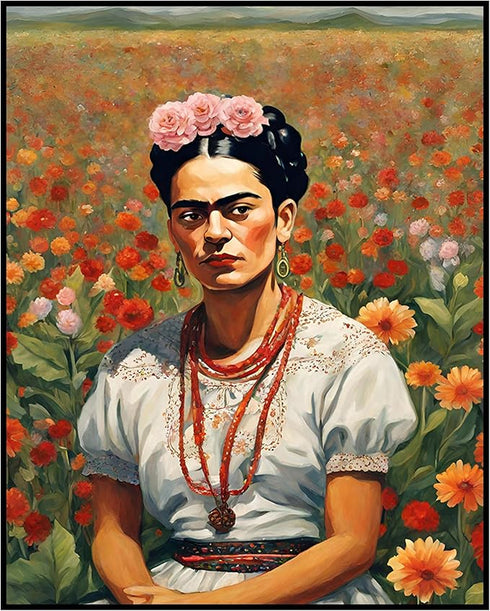 Posterizer 1 pcs- Frida Kahlo inspied art in white dress-flower field-Famous Figures Art Collection-Floral Botanical Art- Living Room Bedroom Deco...