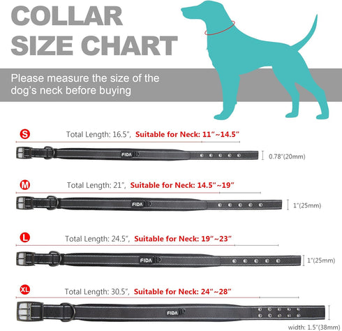 Fida Heavy Duty Dog Collar, Ultra Comfortable Soft Neoprene Padded, Adjustable Reflective Nylon Pet Collar with Durable Metal Belt Buckle for Medi...