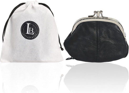Leatherboss Leather Women's Coin Holder Pouch Purse Double Frame Wallet with Zipper Pocket, Black...