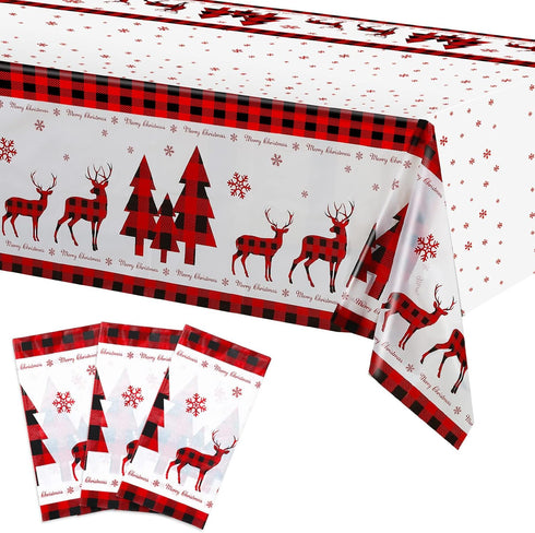 3 Pcs Christmas Tablecloths, Christmas Buffalo Plaid Table Cover Disposable Plastic Rectangular Red Black Plaid Table Decorations for Holiday Part...
