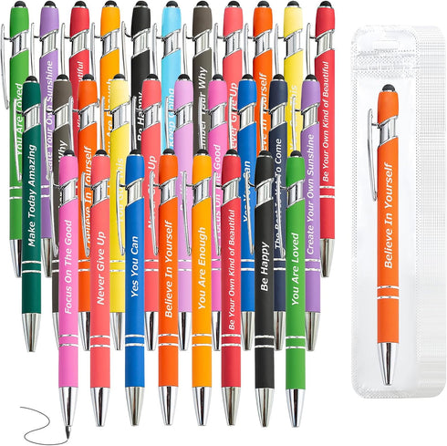40 Pieces Inspirational Pens Kit - 20 Black Ink Pens Bulk, Bags Included - Motivational Pens Ballpoint with Stylus Tips - Inspirational Gifts Offi...