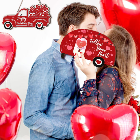 2 Pieces Valentine's Day Decor Valentine's Day Heart Sign Valentine's Day Wooden Wall Decor Happy Valentine's Day Truck Hanging Decorations for Ho...