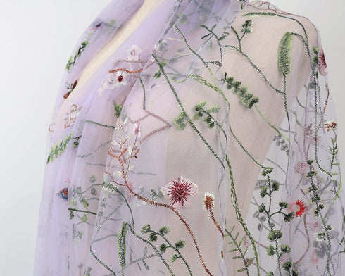 Exquisite Floral Embroidered Lace Fabric Flower Plant Tulle for Sewing Dress Gown Overlay Curtain Embellishment, 60 Inch Wide (2 Yards Precut, Lav...