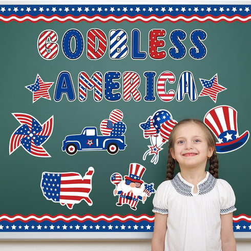 Whaline 95Pcs Patriotic Classroom Bulletin Board Decoration Kit God Bless America Bulletin Board Set Cartoon 4th of July Cutouts with Glue Points ...