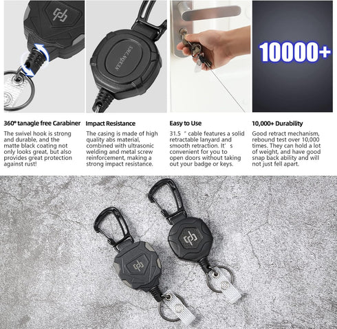 2 Pack Retractable Keychain Heavy Duty Carabiner Badge Holder, Tactical ID Badge Reel with 32” Steel Retractable Cord, 8.0 OZ...