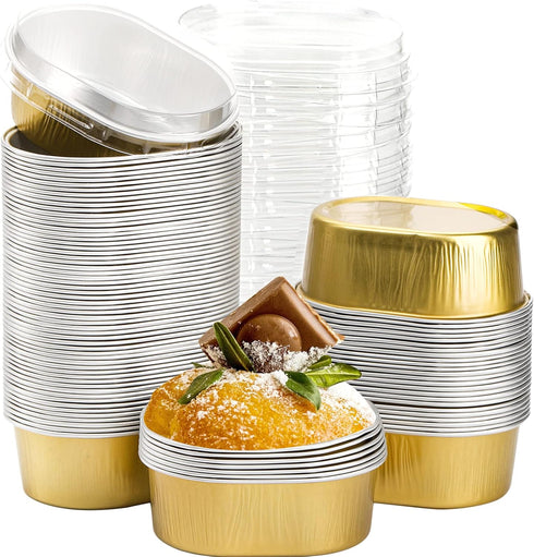 Dicunoy 100 Pack Mini Aluminum Cups with Lids, 3 OZ Disposable Muffin Liners Containers, Individual Ramekins Flan Pan for Dessert, Creme Brulee, P...