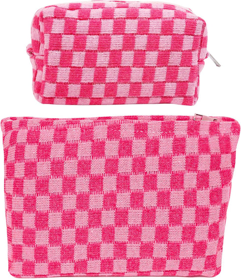 Large Capacity Makeup Bag Set Pink Checkered Makeup Bags 2 Pieces Canvas Travel Makeup Bag Organizer Travel Toiletry Bag Storage Bag for Women...