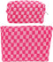 Large Capacity Makeup Bag Set Pink Checkered Makeup Bags 2 Pieces Canvas Travel Makeup Bag Organizer Travel Toiletry Bag Storage Bag for Women...