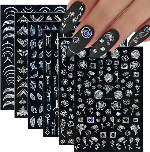 10 Sheets Flower Nail Stickers Silver Nail Decals 3D Self Adhesive Leaf Nail Art Stickers Holographic Laser Nail Designs Nail Art Supplies for Wom...
