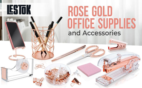 Rose Gold Office Supplies and Accessories - Cute Office Supplies for Women with Rose Gold Stapler, Tape Dispenser, Pen Holder, Scissors, Phone Hol...