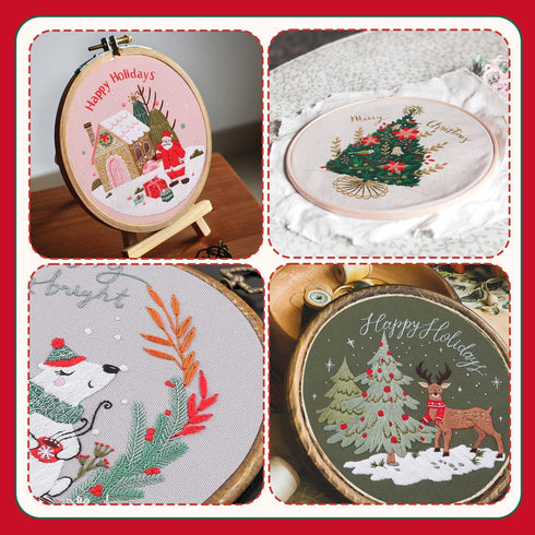 4 Sets Christmas Embroidery Starter Kit with Pattern for Beginners, Embroidery Kits with Christmas Pattern, Cross Stitch Set with 4 Plastic Embroi...
