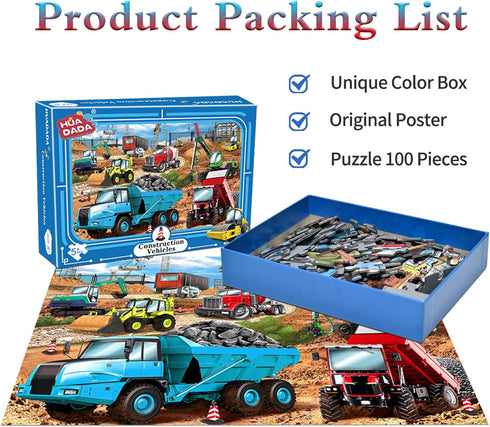 HUADADA Puzzles for Kids Ages 4-8, Construction Vehicles 100 Piece Puzzles for Kids Educational Jigsaw Puzzles Toys Gift for Boys and Girls Age 4,...