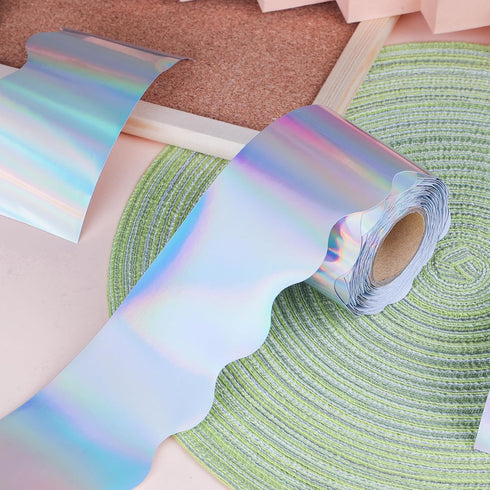 65 Feet Iridescent Bulletin Board Borders, Holographic Scalloped Bulletin Board Trims, Classroom Bulletin Board Decorations for Iridescent Birthda...