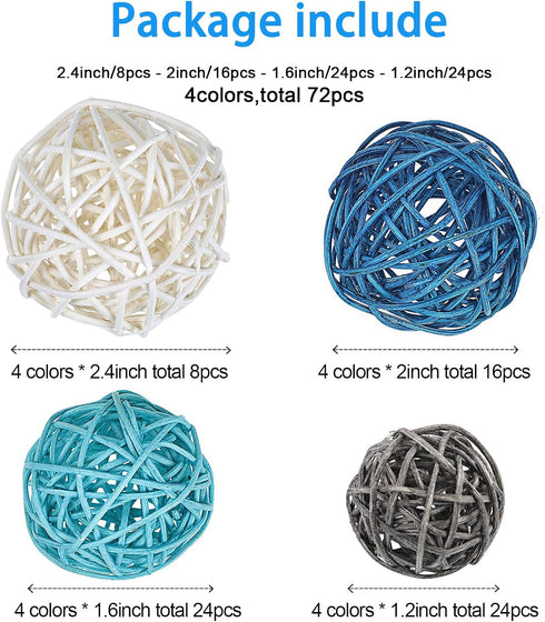 72 Pcs Wicker Rattan Decorative Balls Centerpiece Bowls Fillers Balls for Spring Summer Craft, Wedding Party, Potpourri Decor, 4 Sizes(Dark Blue, ...