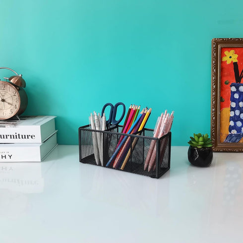 Black Mesh Pencil Holder, Metal Mesh Desk Organize for Pens, Kitchen Utensil Desk Storage,3 Compartments, Small Elegant Office Desk Supplies Organ...
