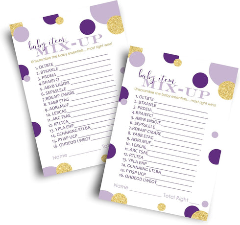 Purple and Gold Baby Shower Games - Word Scramble Game for Girls or Boys - Fun Gender Reveal Activity with Prizes - Prince or Princess Theme - 25 ...
