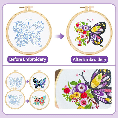 MRHMX ART Embroidery Kit Butterfly Flower Pattern 3 Sets for Beginners,Stamped Cross Stitch kits for Adult,Hand Cross Stitch Kits Women with Embro...