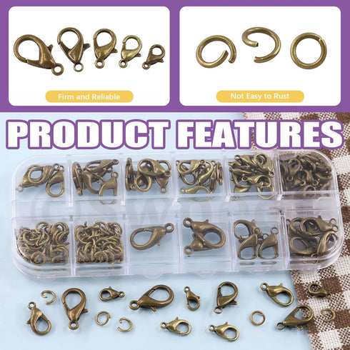 Swpeet 170Pcs Bronze 10mm 12mm 14mm 16mm 18mm Open Jump Rings and 6mm Lobster Clasps Assortment Kit, Perfect Jewelry Findings Kit Fits for DIY Mak...
