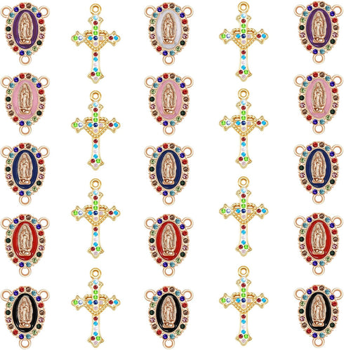 60Pieces Rosary Kits Catholic Cross and Center Medal Charm Metal Enamel Rhinestone Virgen De Guadalupe Pendant Chandelier Link for DIY Jewelry Mak...