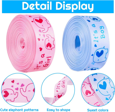 2 Rolls/ 20 Yards Elephant Satin Ribbon Baby Shower Theme Satin Ribbon Birthday Theme Gender Reveal Wrapping Ribbons for DIY Hair Bows Wreath Baby...