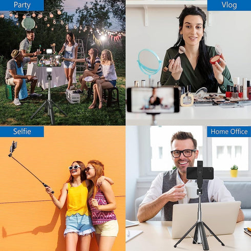 41” Selfie Stick Tripod Quadrapod with 2 Rechargeable Fill Light, Extendable Tripod with Bluetooth Remote, Stainless Steel, 3 Light Modes, 9 Brigh...