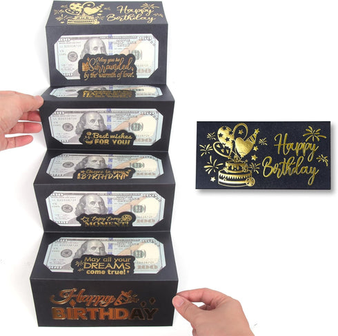 HOMANGA Birthday Money Envelope for Cash Gifts, Surprise Cash Envelope for Men Women Kids, Birthday Gift Card for Men Women Girls Boys, Black Gold...
