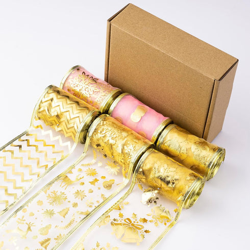 Gold Ribbon for Christmas Tree 2.5 Inch 6 Rolls 36 Yards Gold Christmas Ribbon Gold Ribbon,Wired Holiday Party Ribbons Assorted Patterns Decoratio...