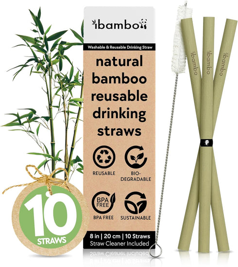 100% Bamboo Straws (10-Pack) - Biodegradable & Compostable 8 Inch Reusable Straws with Cleaner | FSC Certified, Eco Friendly | Hand Wash & Dishwas...