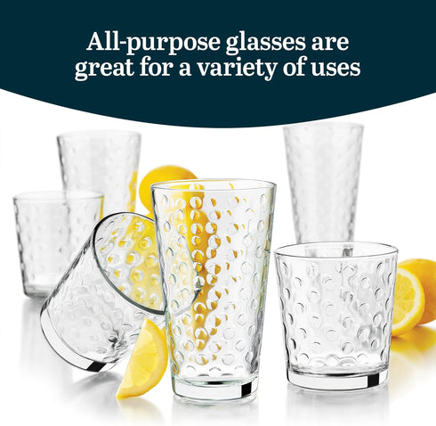 Libbey Awa Tumbler and Rock Glasses Drinking Set, Elegant Polka Dot Drinking Glasses Set of 16, All Purpose Glass Cups Set for Events and Everyday...