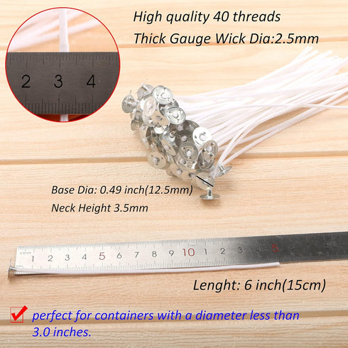 MILIVIXAY 6" Candle Wick Bundle: 100PCS Candle Wicks, 100PCS Candle Wick Stickers and 6PCS Wooden Candle Wick Holders - Wicks Coated with Paraffin...