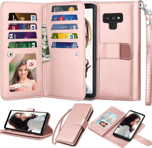 Njjex Luxury Wallet Case for Galaxy Note 9 - PU Leather, 9 Card Slots, Detachable, Kickstand, Magnetic Phone Cover with Wrist Strap - Rose Gold...