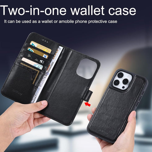 Genuine Leather for Apple iPhone 15 Pro Wallet Case with Card Holder Kickstand, Phone Accessories for Woman Men, 2 pcs Screen Protector 2 pcs Came...