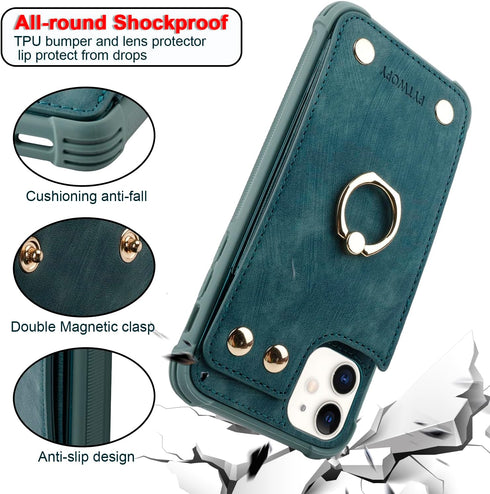 iPhone 11 Wallet Case with Credit Card Holder,Leather Shockproof Protective Phone Cover Supports 360°Rotation Ring Stand and RFID Blocking for App...