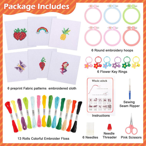 Anglekai 6Pcs Cross Stitch Kits for Beginners, Needlepoint Kits for Beginners Embroidery Starter Set, 6 Embroider Hoops and Cloth/ 6 Key Rings/Sci...