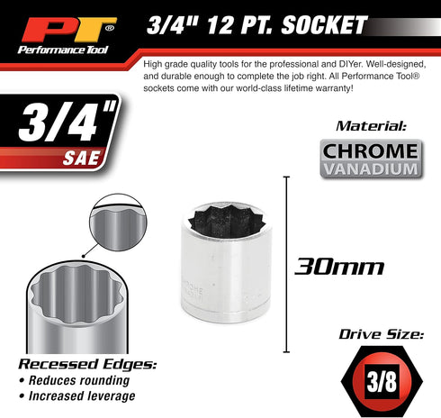 Performance Tool W38524 3/8-Inch ive 12-Point Socket, 3/4...